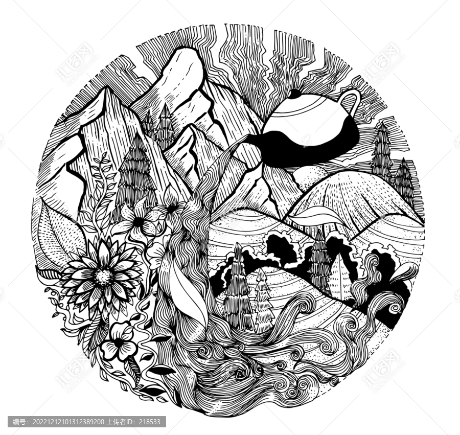 茶餅茶葉普洱茶包裝線描插畫