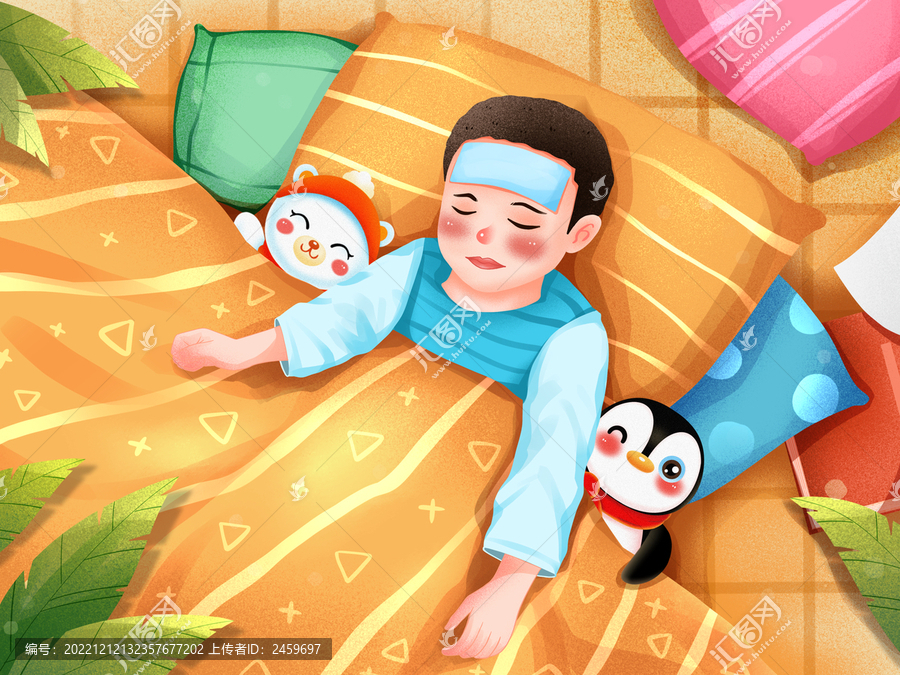 發(fā)燒睡覺的小孩插畫