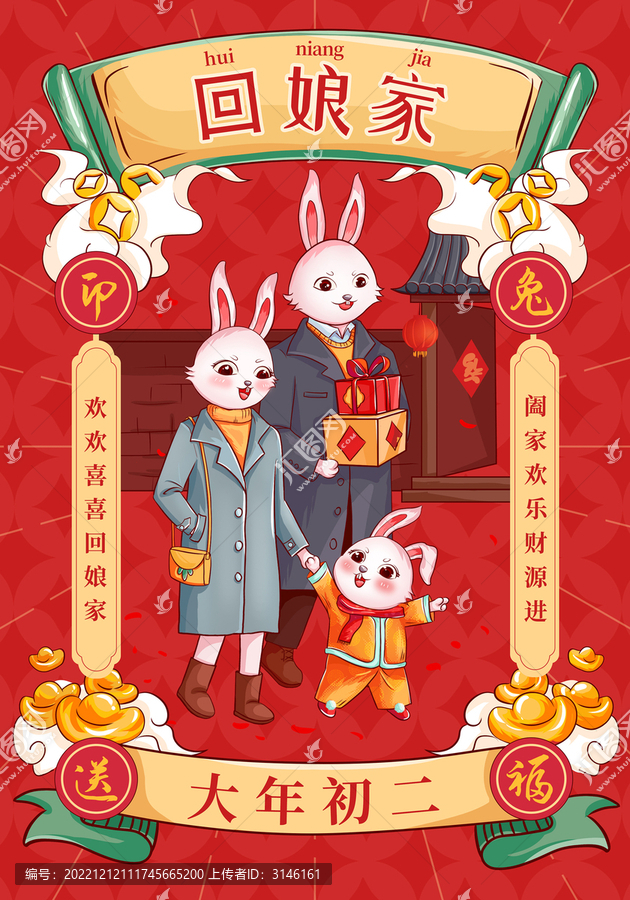 初二回娘家過年新年卡通兔海報(bào)