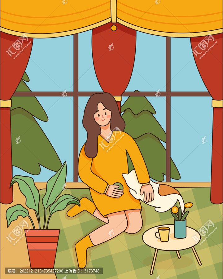 美女在家陪小貓玩耍插畫(huà)