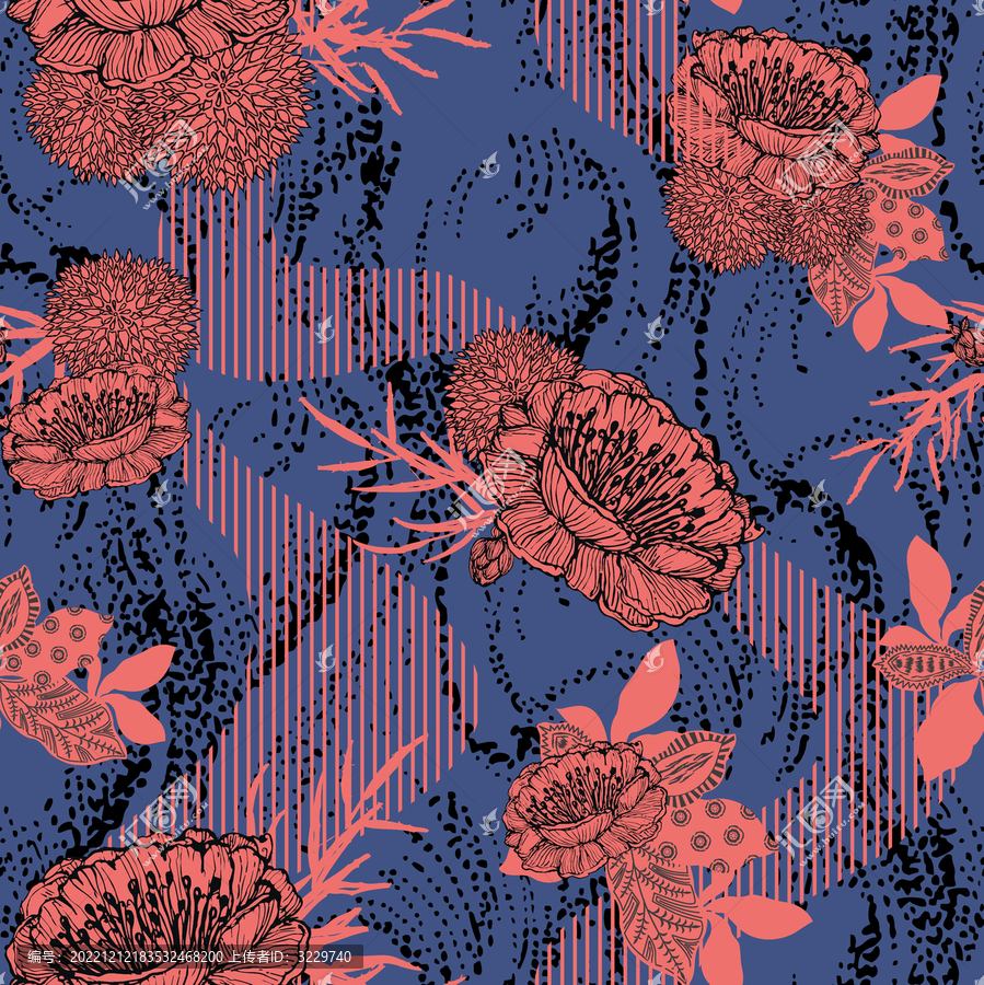 藏青底紅花