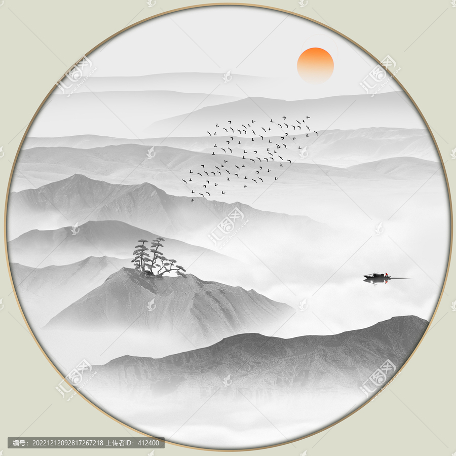 水墨山水圓形鏡心