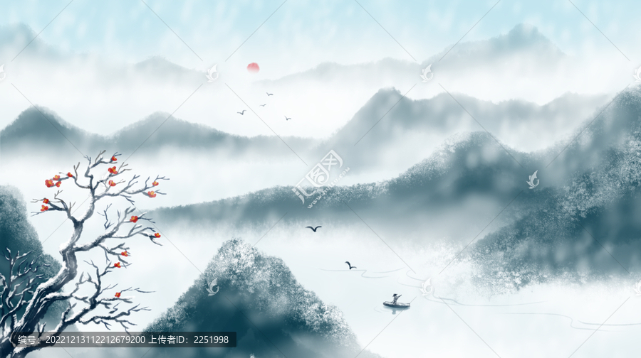 冬天水墨寫意山水景色