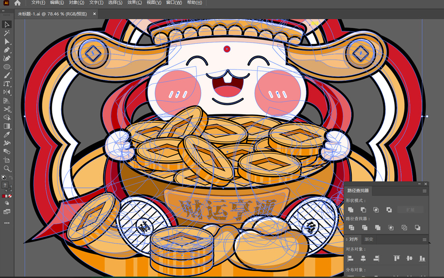兔年矢量卡通兔子財神門窗貼