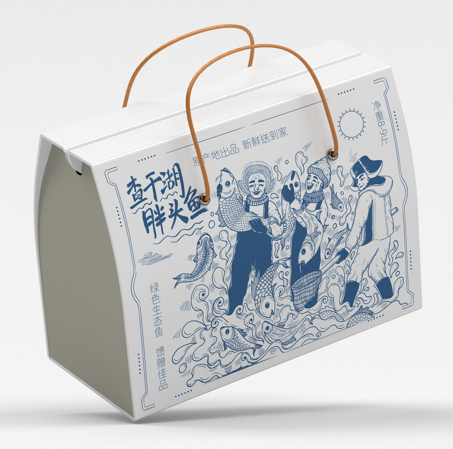 查干湖胖頭魚漁民冬捕包裝插畫