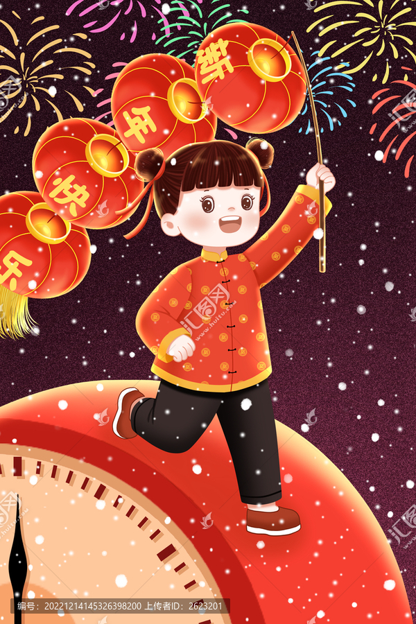 跨年夜鐘表上拿燈籠的小女孩