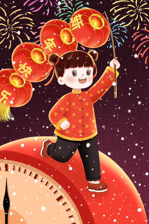 跨年夜鐘表上拿燈籠的小女孩