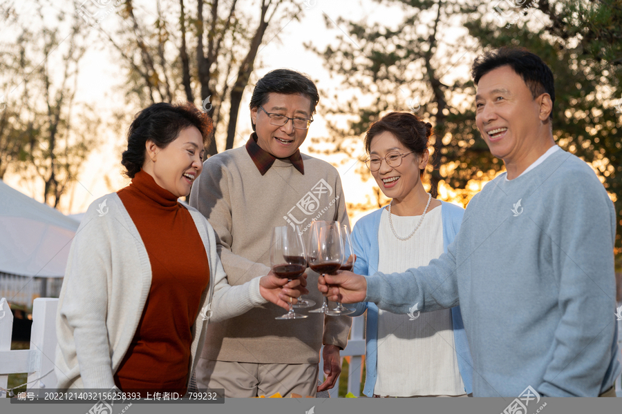 中老年朋友在庭院里喝酒聊天