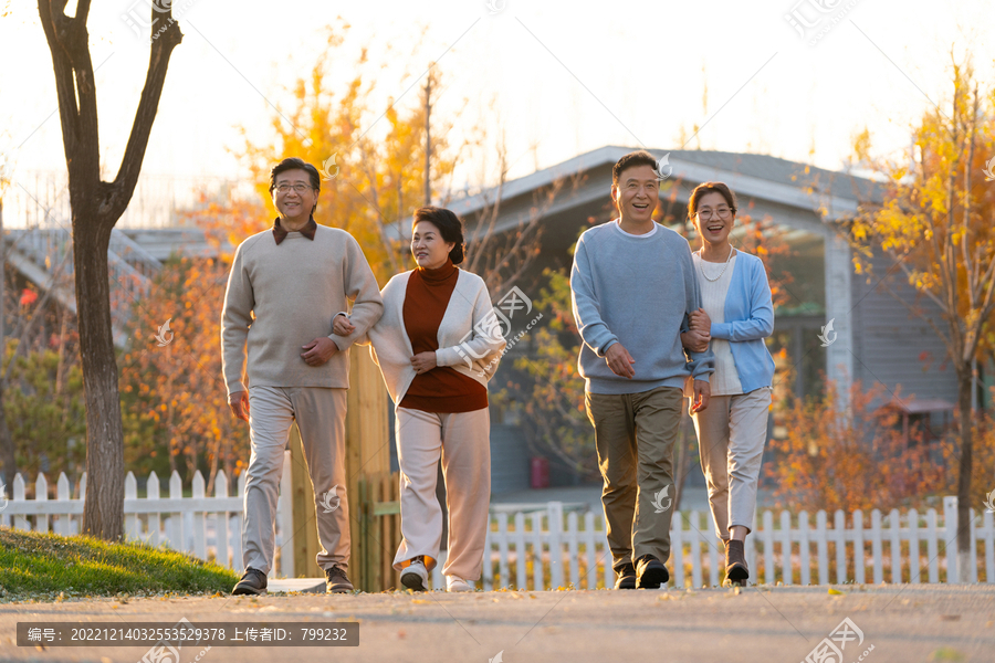 中老年夫妻手挽手夕阳下散步