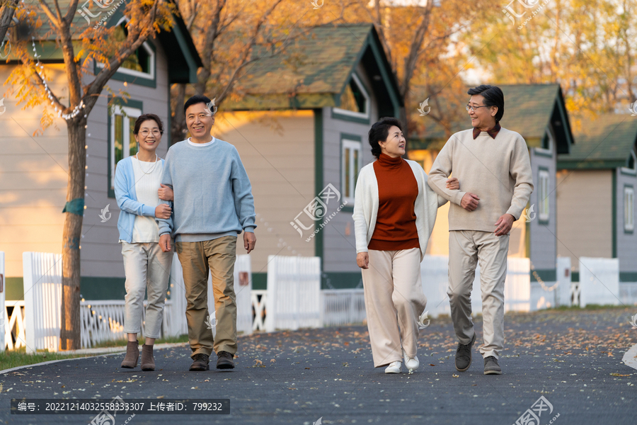 中老年夫妻手挽手夕阳下散步