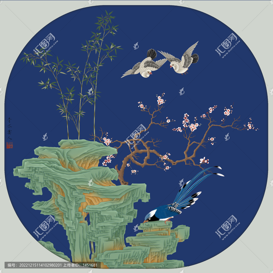 工筆花鳥(niǎo)假山鏡心