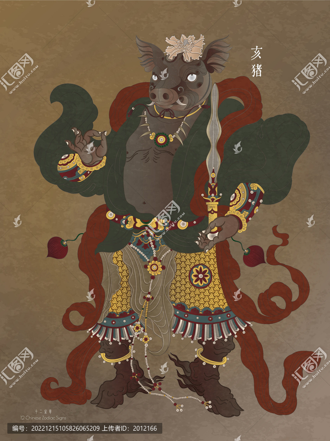 豬年十二生肖屬相年畫國潮插畫