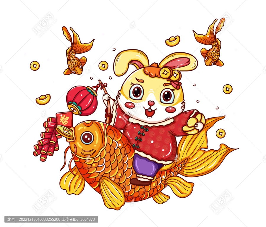 國(guó)潮風(fēng)兔年騎著錦鯉的兔子插畫