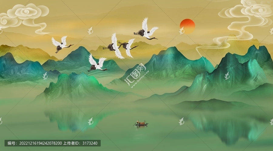 瑞鶴水墨青綠山水畫
