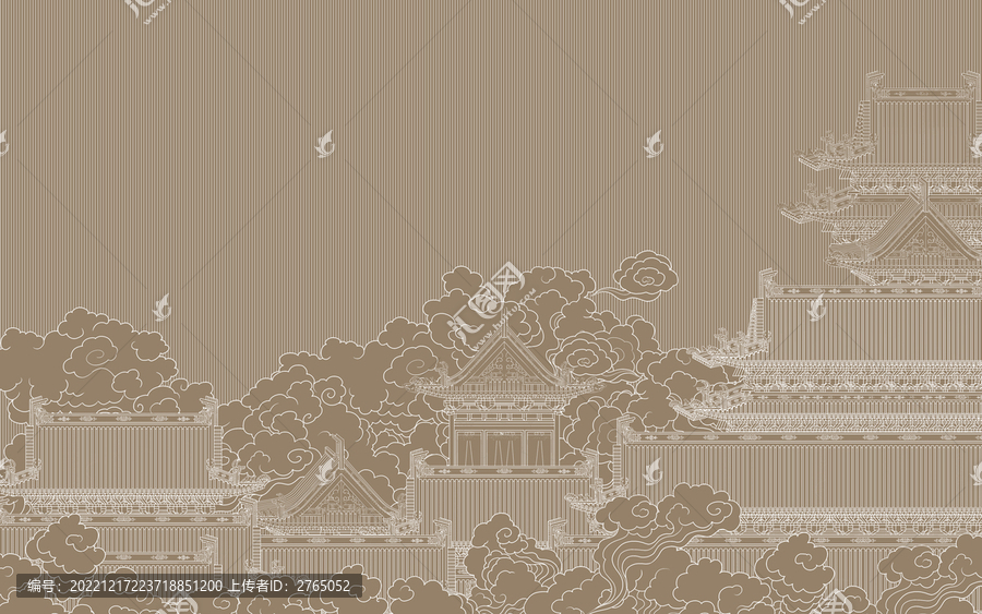 中式樓閣線描祥云背景墻