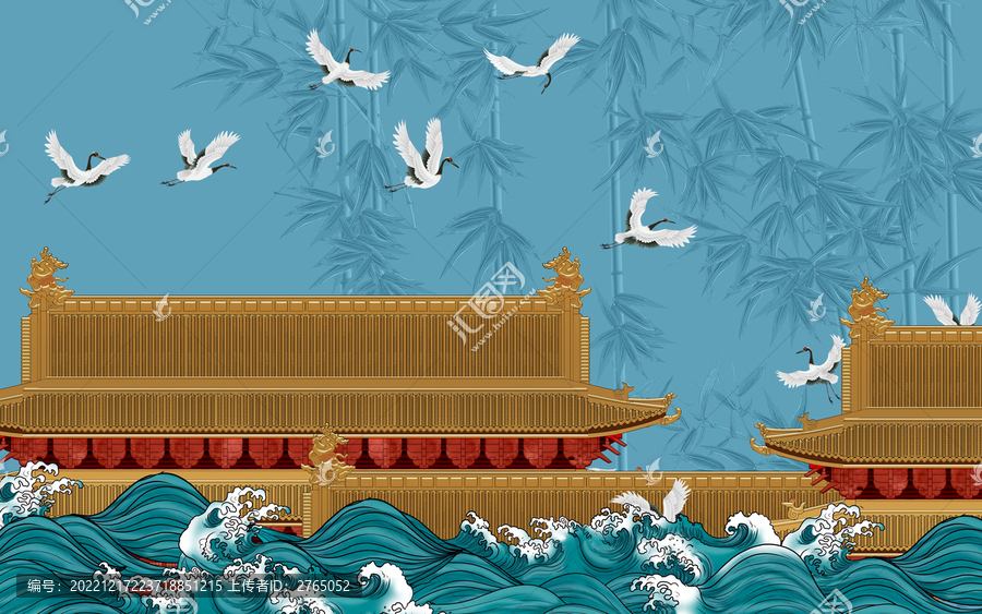樓閣海浪仙鶴背景墻