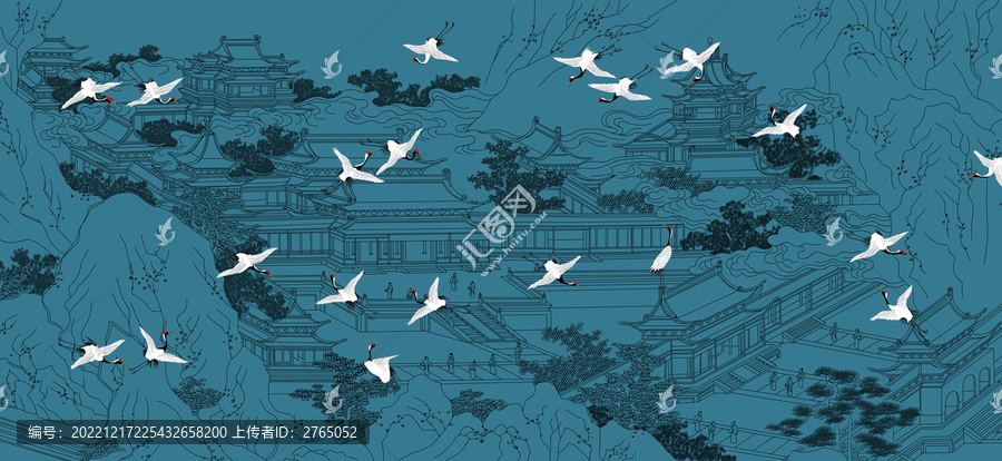 樓閣仙鶴背景墻中式風(fēng)