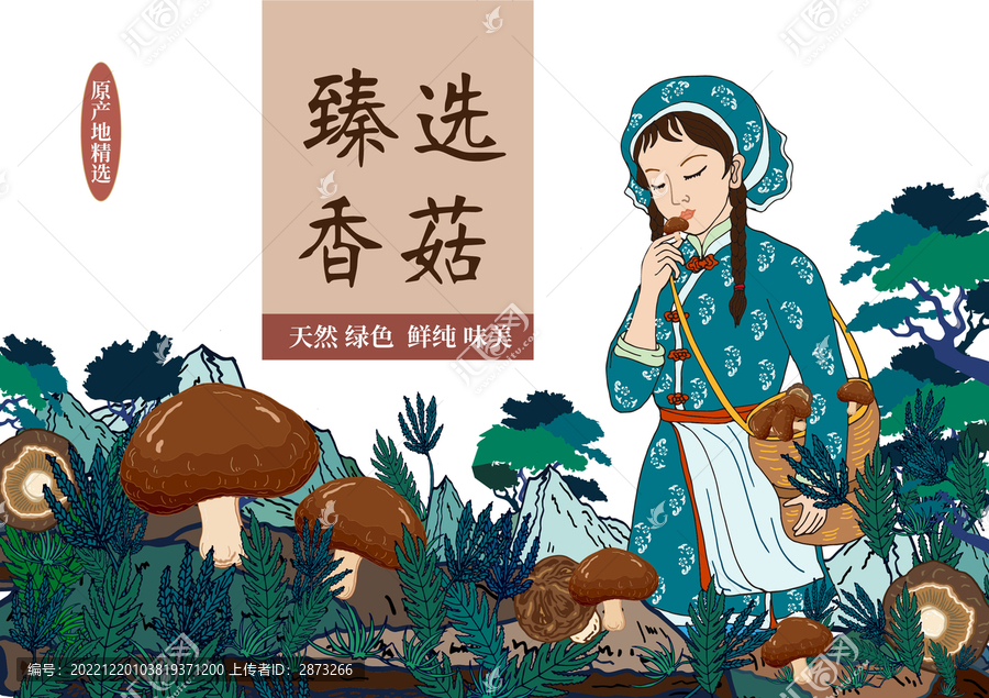 香菇禮盒包裝插畫采蘑菇