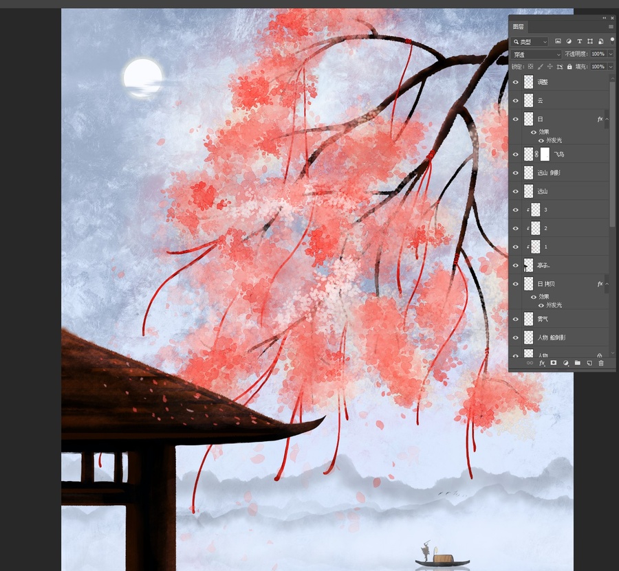 古風(fēng)場景賞月賞花插畫