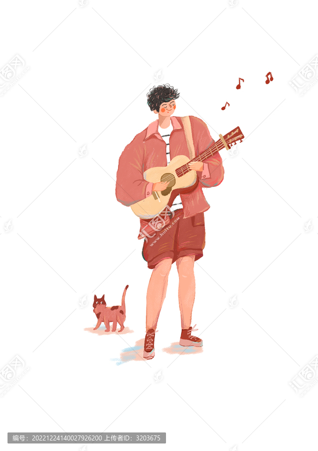 男生彈吉他貓咪新年插畫(huà)