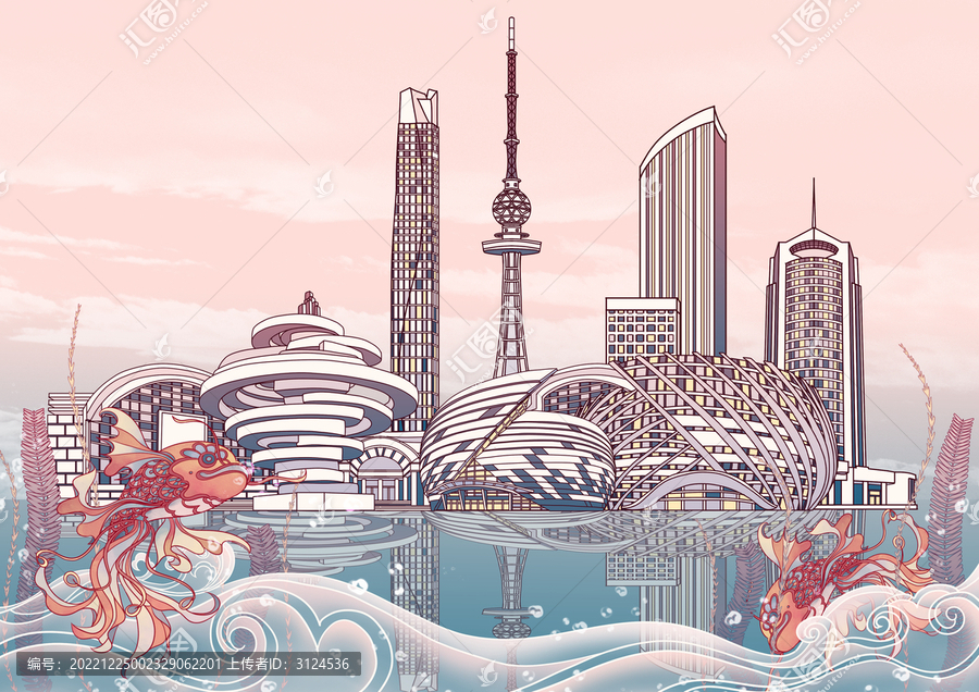 青島城市地標(biāo)建筑國風(fēng)插畫