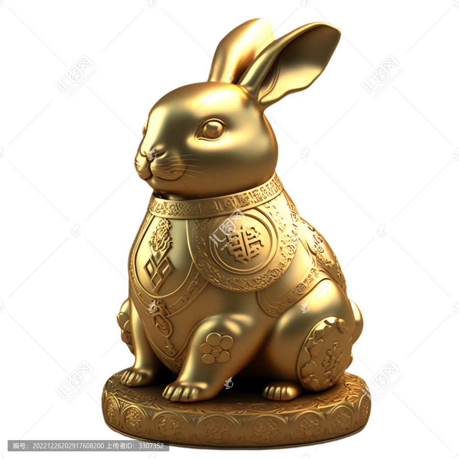 中式花紋立體三維黃金兔子