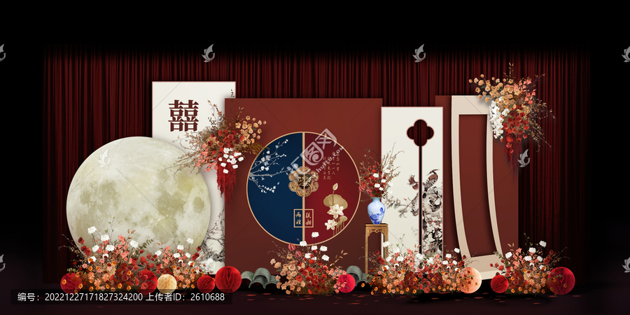 紅藍(lán)新中式合影區(qū)手繪效果圖