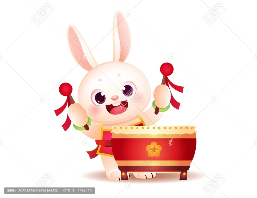 手繪卡通打花鼓小兔插畫