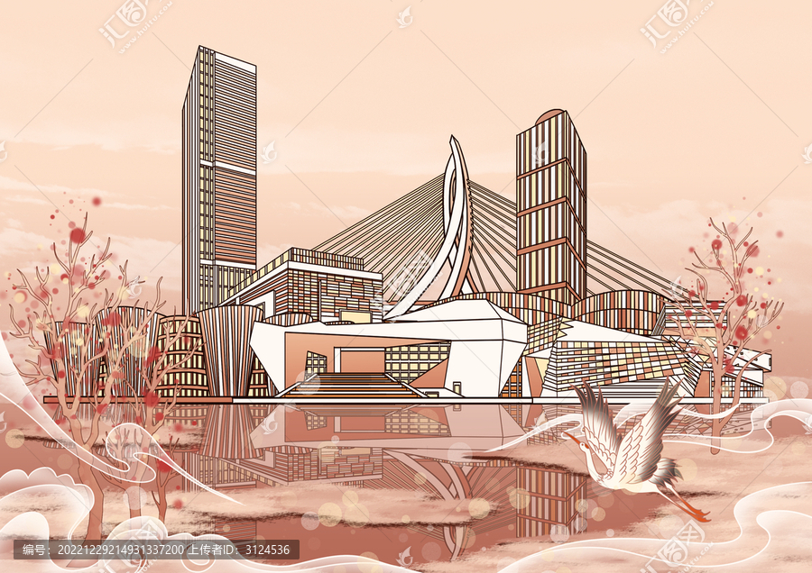 太原城市地標建筑國風插畫