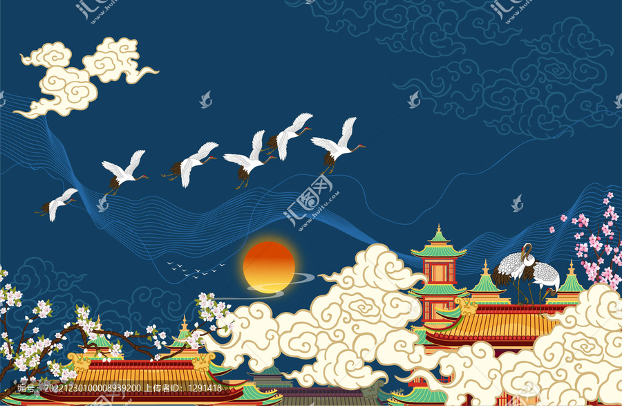 山水樓閣仙鶴插畫