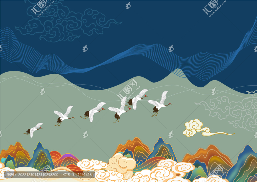 國(guó)潮山水仙鶴意境插畫