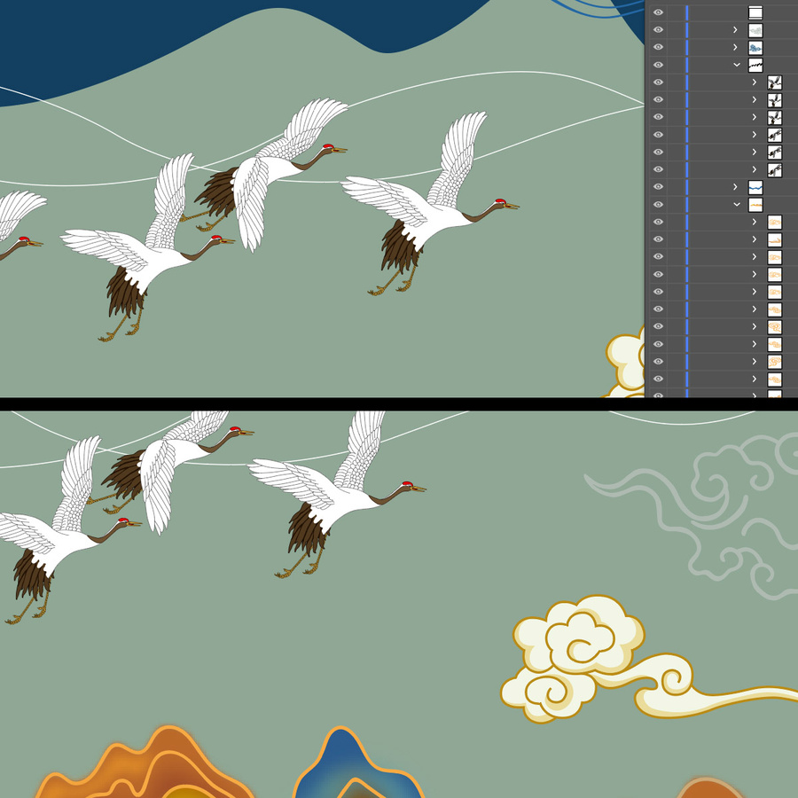 國(guó)潮山水仙鶴意境插畫