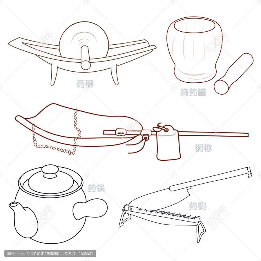 中藥工具五件套線稿