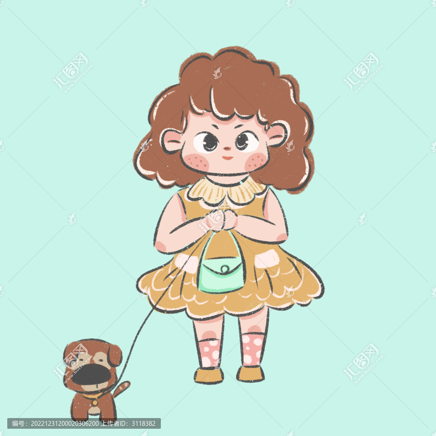 可愛兒童治愈卡通小女孩和小狗