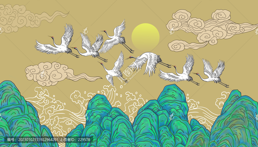 仙鶴青綠山水圖