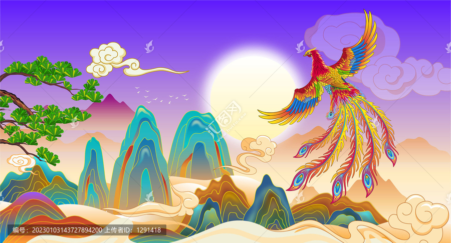 鳳凰山水矢量插畫