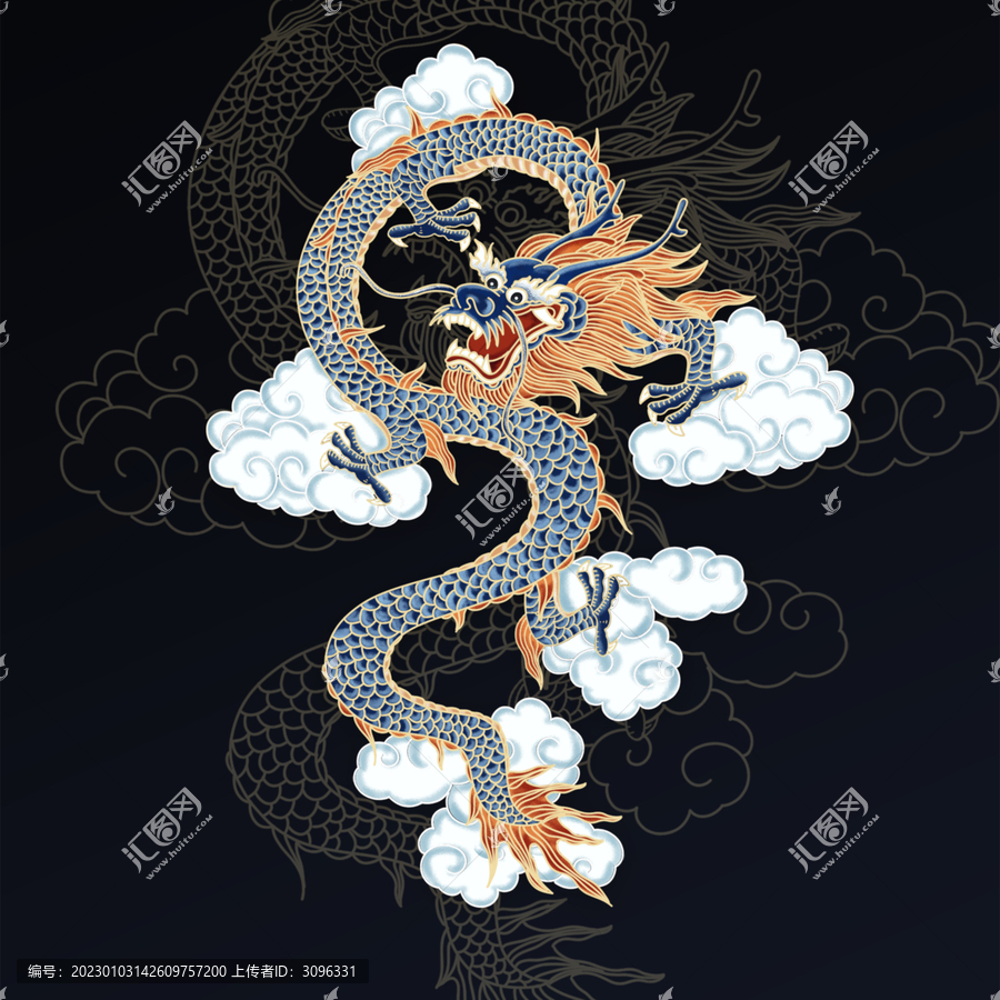 龍手繪帶線稿祥云