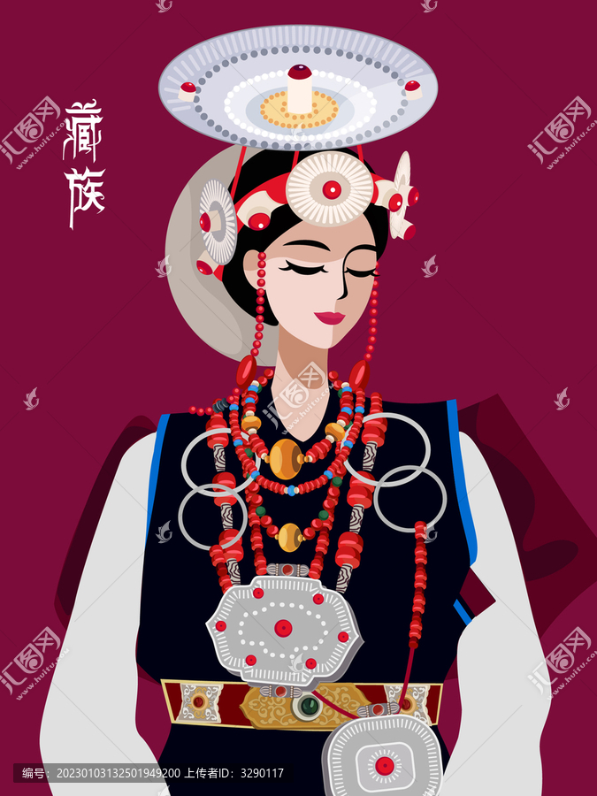 藏族大銀盤女孩矢量插畫