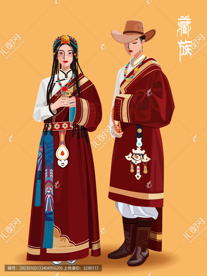 藏族服飾情侶人物矢量插畫