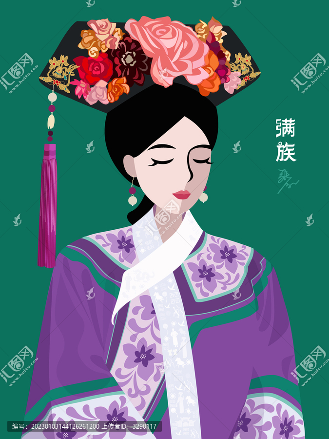 滿族女孩人物矢量插畫