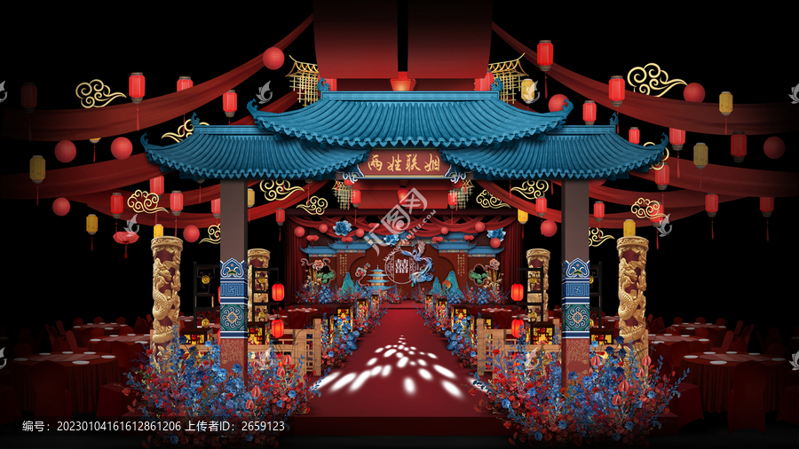 中式紅藍(lán)儀式區(qū)婚禮手繪效果圖