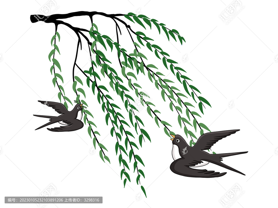 绿色春天树枝飞翔燕子