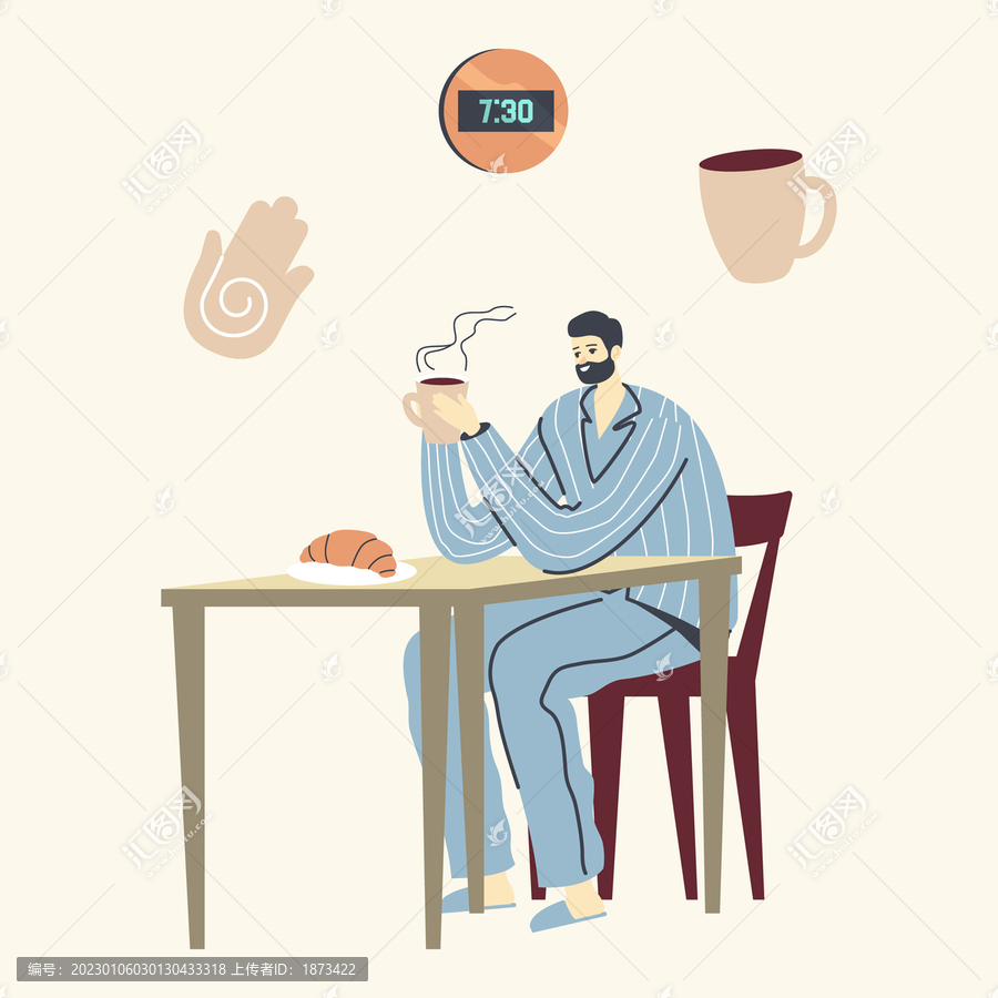 穿睡衣男性坐在桌前喝咖啡配面包,平面插图