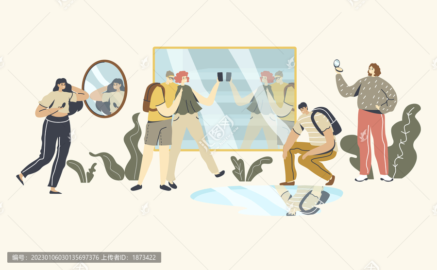 街上各式各式人物倒影平面插圖