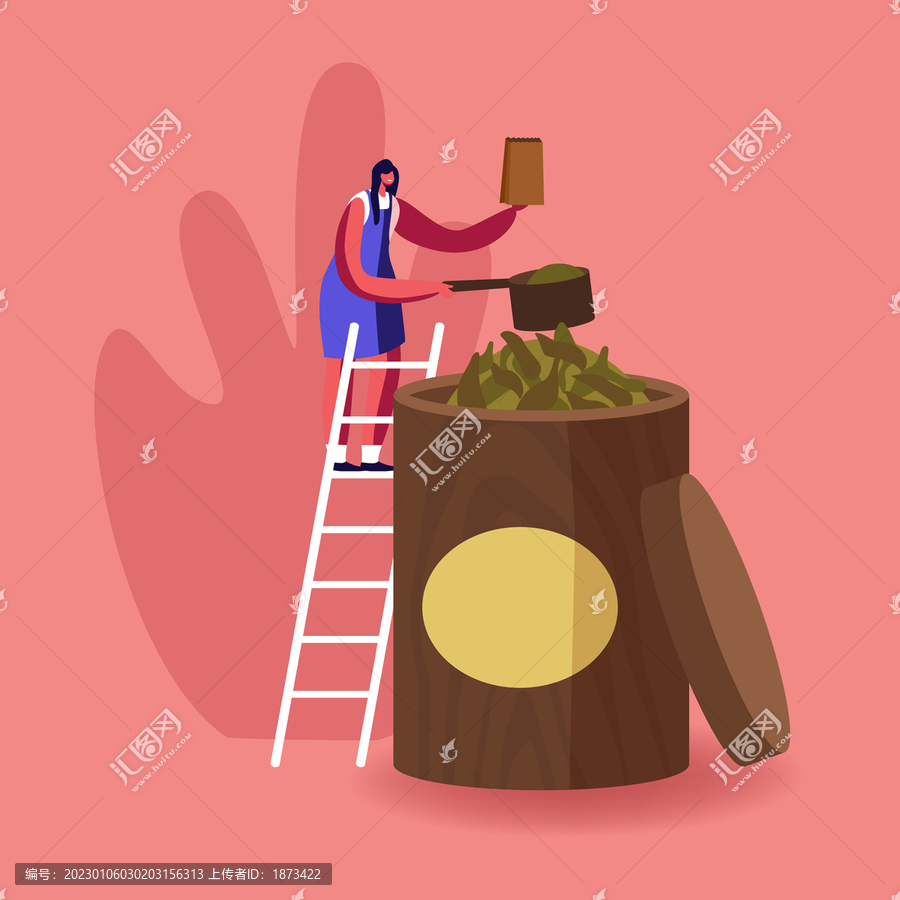 店員在梯子上包裝零售茶葉,平面插圖