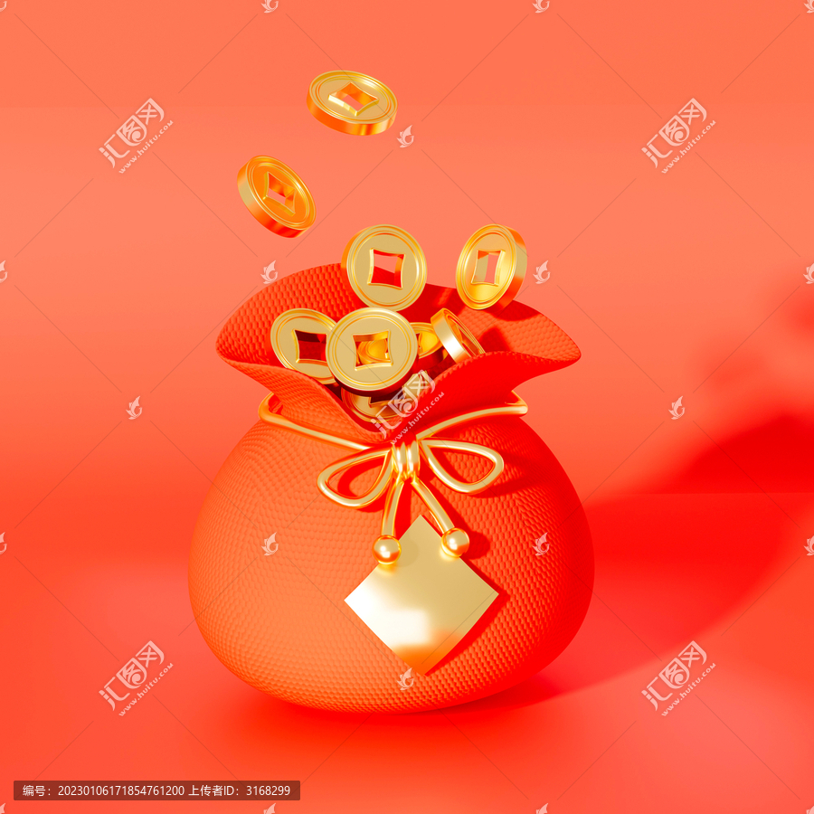 3D春節(jié)紅色福袋銅錢金幣