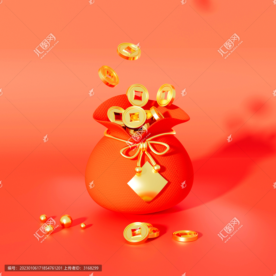 3D春節(jié)紅色福袋銅錢金幣