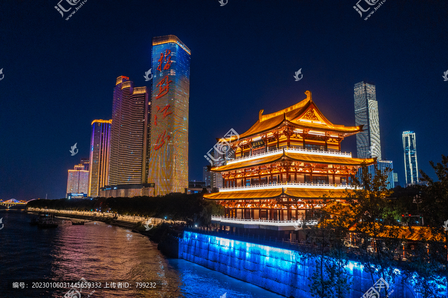 航拍长沙湘江沿江风光杜甫江阁夜景