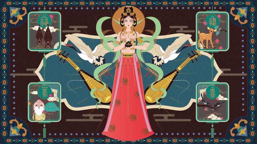 敦煌飛天白鶴福祿壽喜裝飾畫