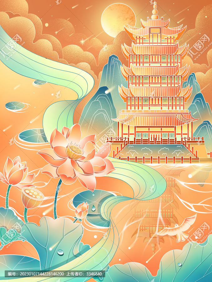 國風(fēng)小景黃鶴樓插畫